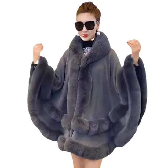 Double Layer Luxury Imitation Rabbit Fur Cape Coat Hooded Shawl Winter Women Poncho
