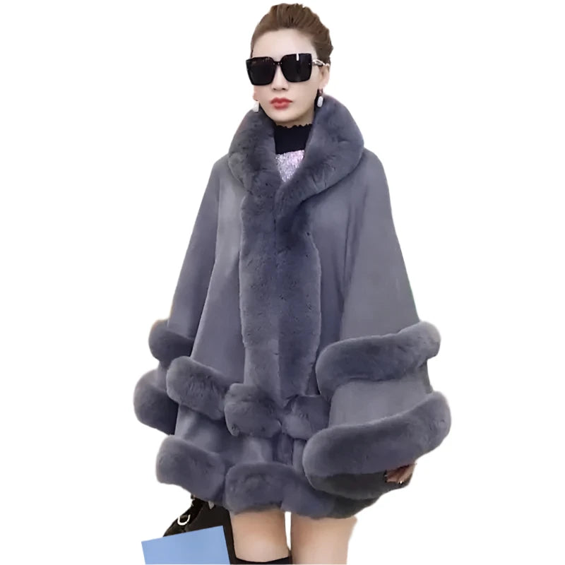 Double Layer Luxury Imitation Rabbit Fur Cape Coat Hooded