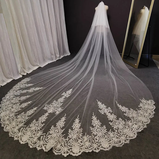 Long Lace Wedding Bridal Veil with Comb Blusher Bride Accessory