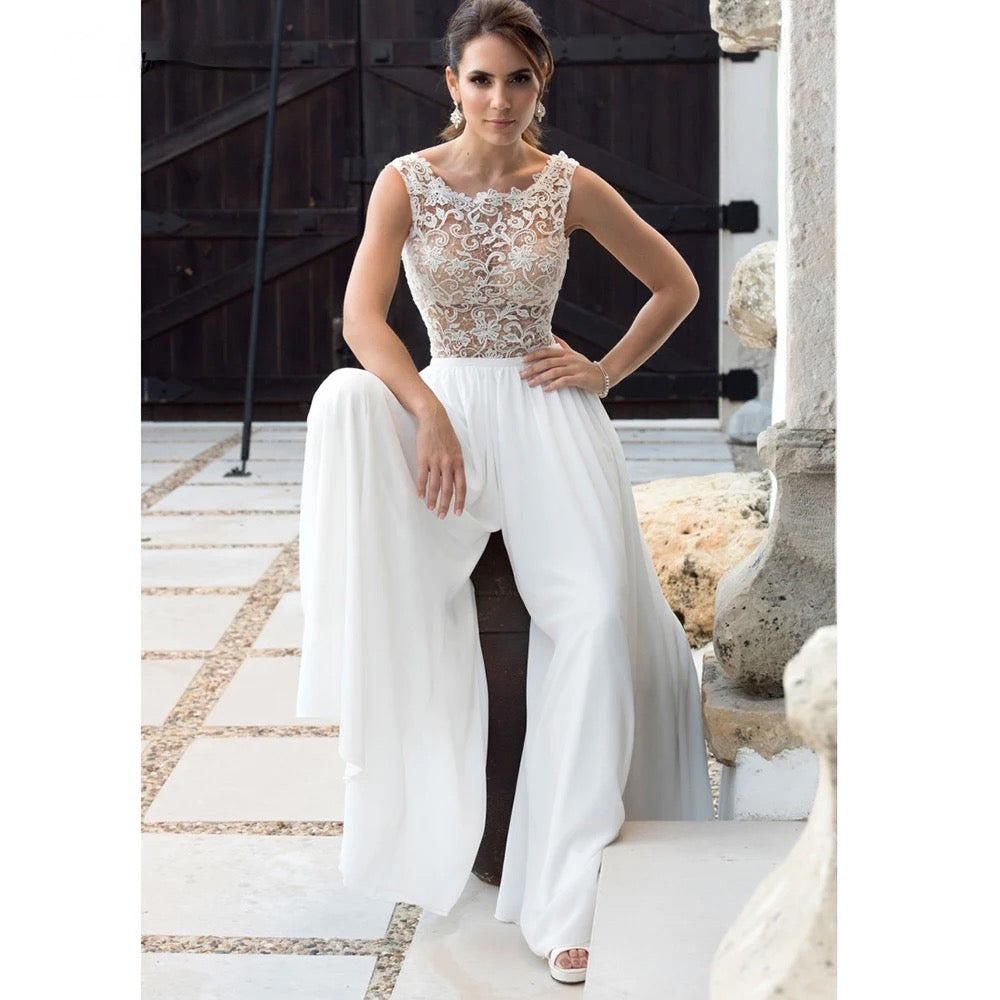 Wedding Jumpsuit Boho Beach Bridal Suit,  Capture the essence of bohemian romance in our Modest Lace Boho Wedding Jumpsuit. T