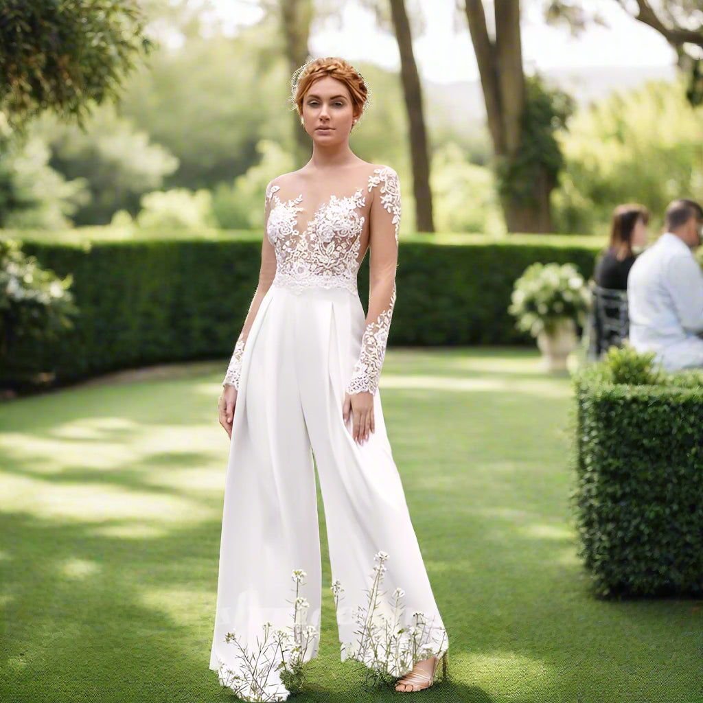 Wedding Jumpsuit Lace Beach Boho Bridal Suit, Unleash your inner bohemian with our Wedding Jumpsuit! This unique and stunning lace jumpsuit features an illusion lace bodice