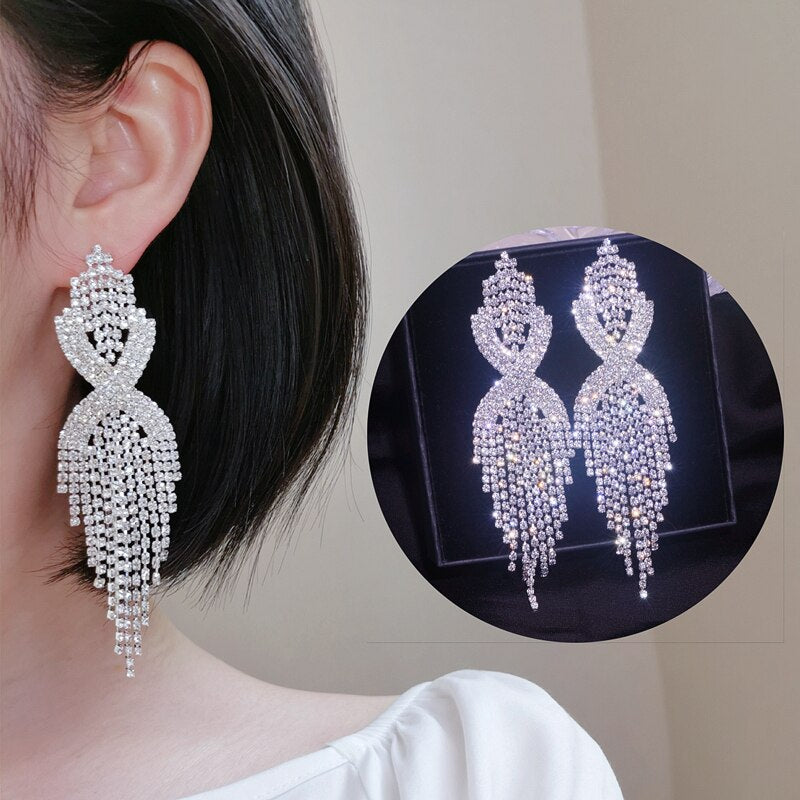 Elegant Long Tassel Earrings Silver Color Shinning Rhinestone Drop Dangle Earring