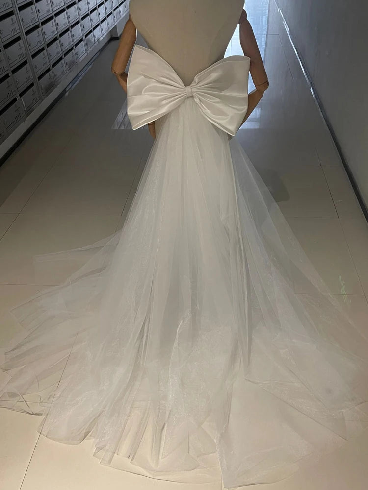 Detachable Satin Bow Tulle Drag For Wedding Dress Bridal Train
