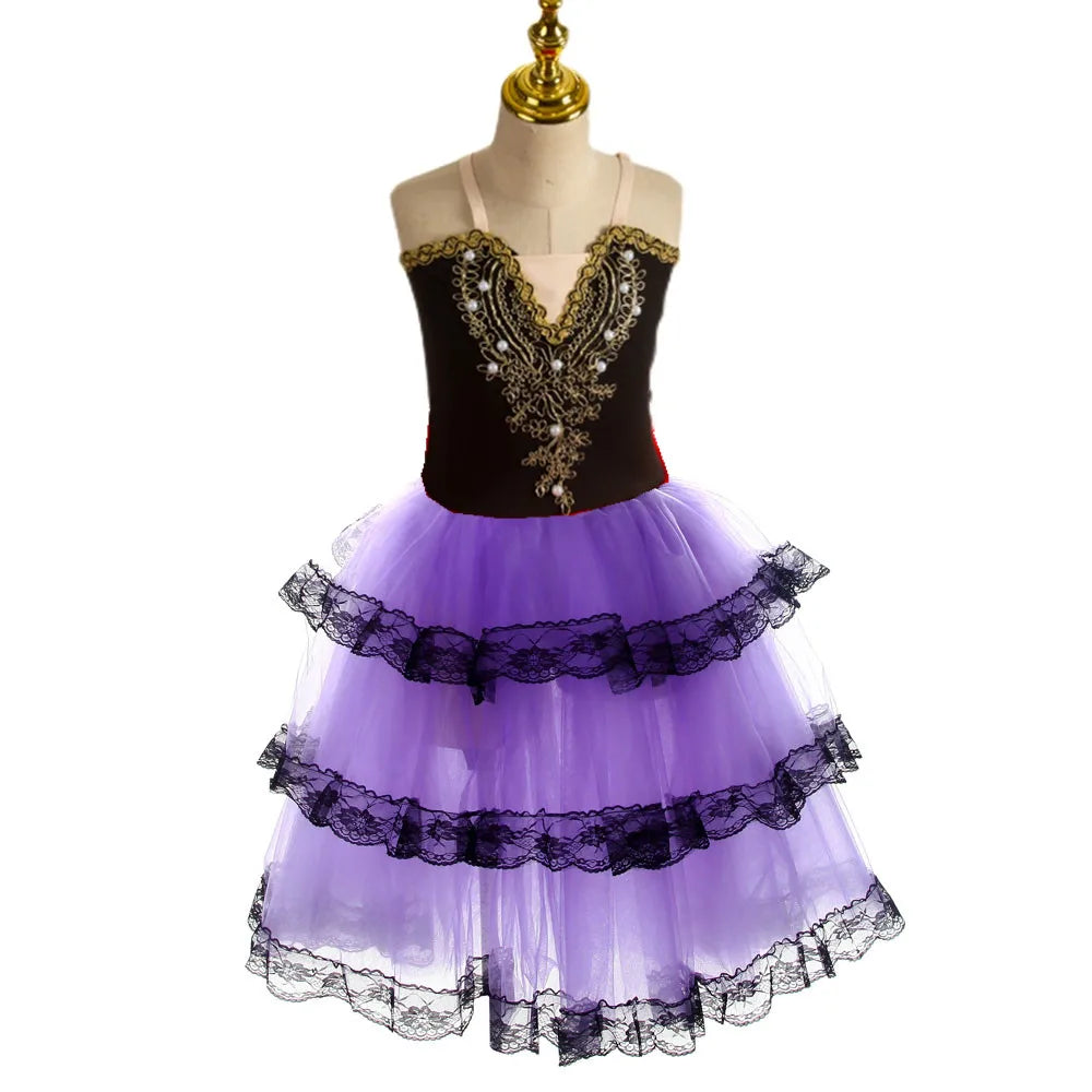 Romantic Ballet Tutu Skirt For Girls Spanish Dress Soft Tulle Performance Ballerina Costumes