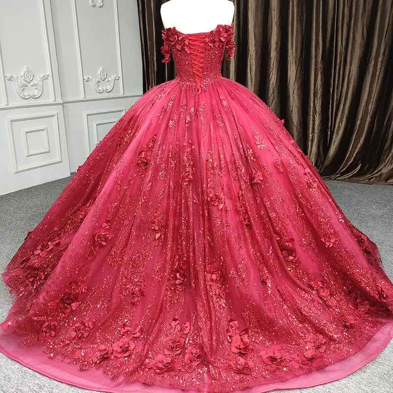 Quinceanera Dress Red Ball Gown Sequined Flowers