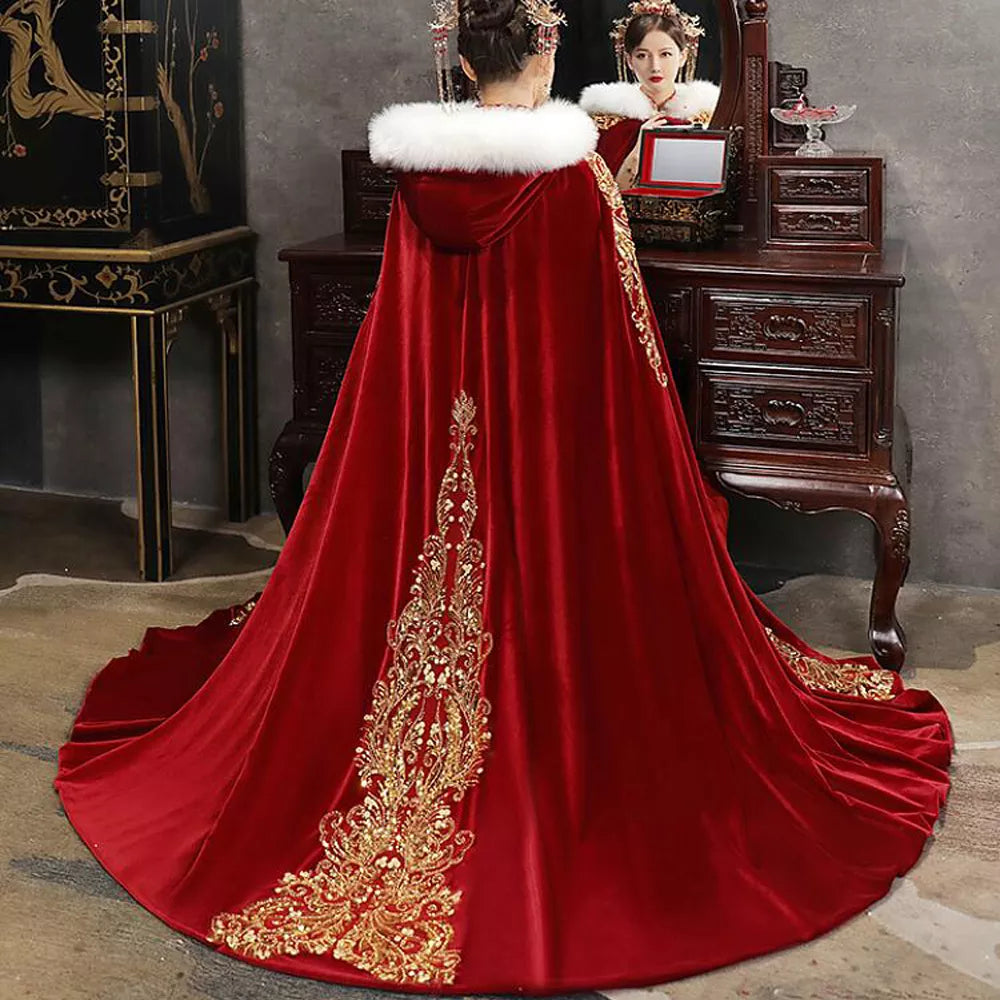 Velvet Wedding Cape Faux Fur Hood Bridal Cloak Accessory, Indulge in the decadent luxury of our red and gold velvet bridal cape