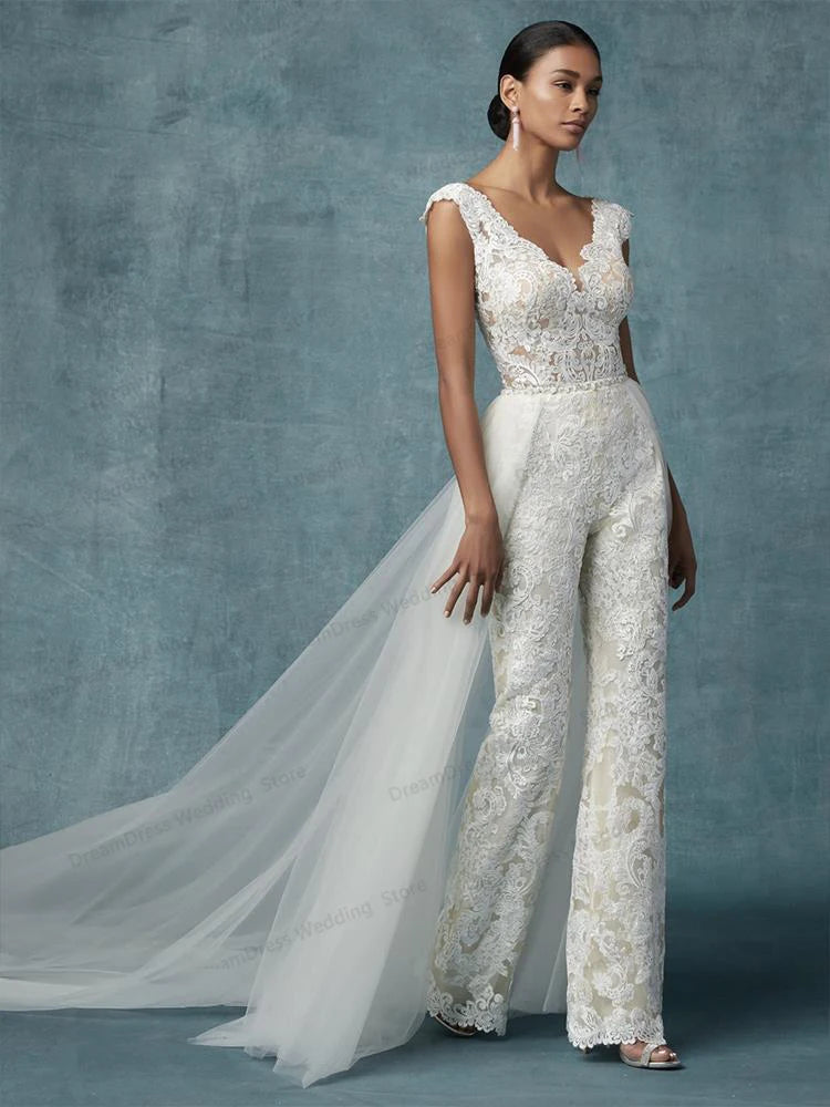Wedding Jumpsuit With Detachable Train Bridal Pants Suit, Elevate your wedding day look with our Sleeveless Lace Boho Bridal Wedding