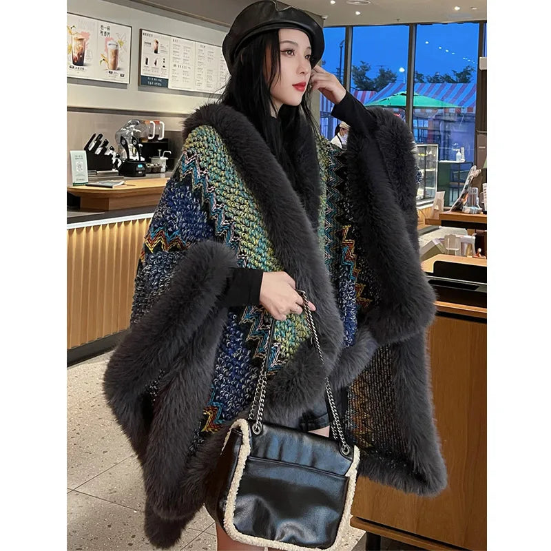 Novelty Vintage Style Faux Fox Fur Cape Coat Colorful Knit Tweeds Cloak Overcoat