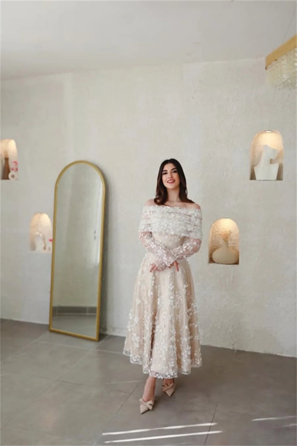 Tea Length Wedding Dress Tulle Lace A Line Bridal Dress