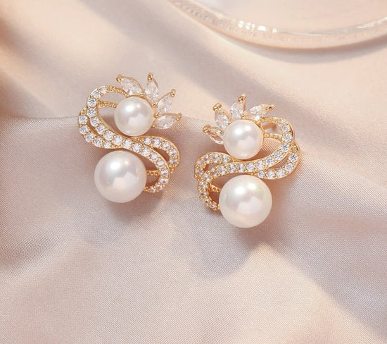 Exquisite Double Row Winding Pearl  Zircon Earrings for Women