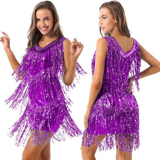 Ladies Sleeveless Sparkling Sequin Tassels Fringe Ballroom Latin Dance Dress
