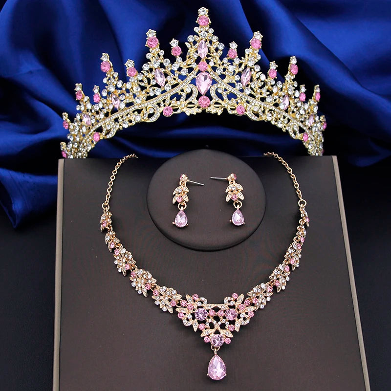 Luxury Crystal Bridal Jewelry top Sets Women Fashion Tiaras Earrings Flower Necklace