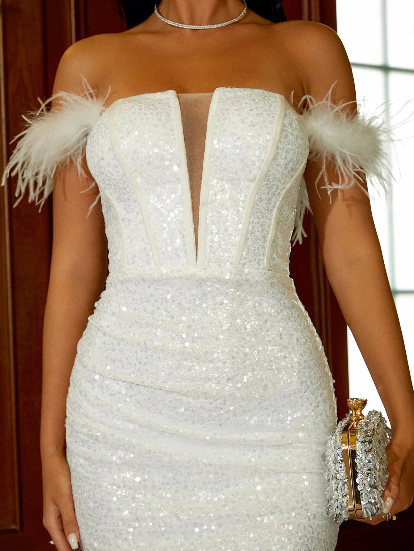 White Feather Mini Party Wedding Dress Sequin Bodycon Short Evening Gown