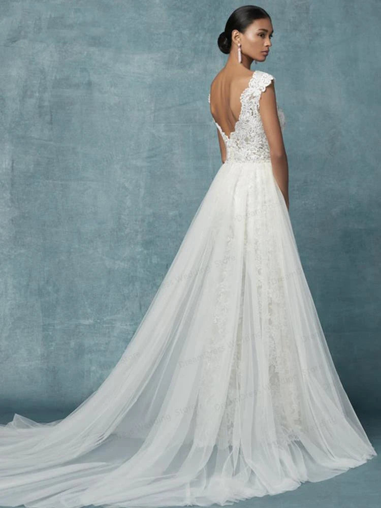 Wedding Jumpsuit With Detachable Train Bridal Pants Suit, Elevate your wedding day look with our Sleeveless Lace Boho Bridal Wedding