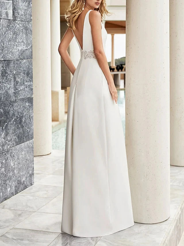 Wedding Jumpsuit V-Neck Sleeveless Bridal Pants Suit, Long Beaded Wedding Jumpsuit V-Neck Sleeveless, This elegant A-line wedding jumpsuit c