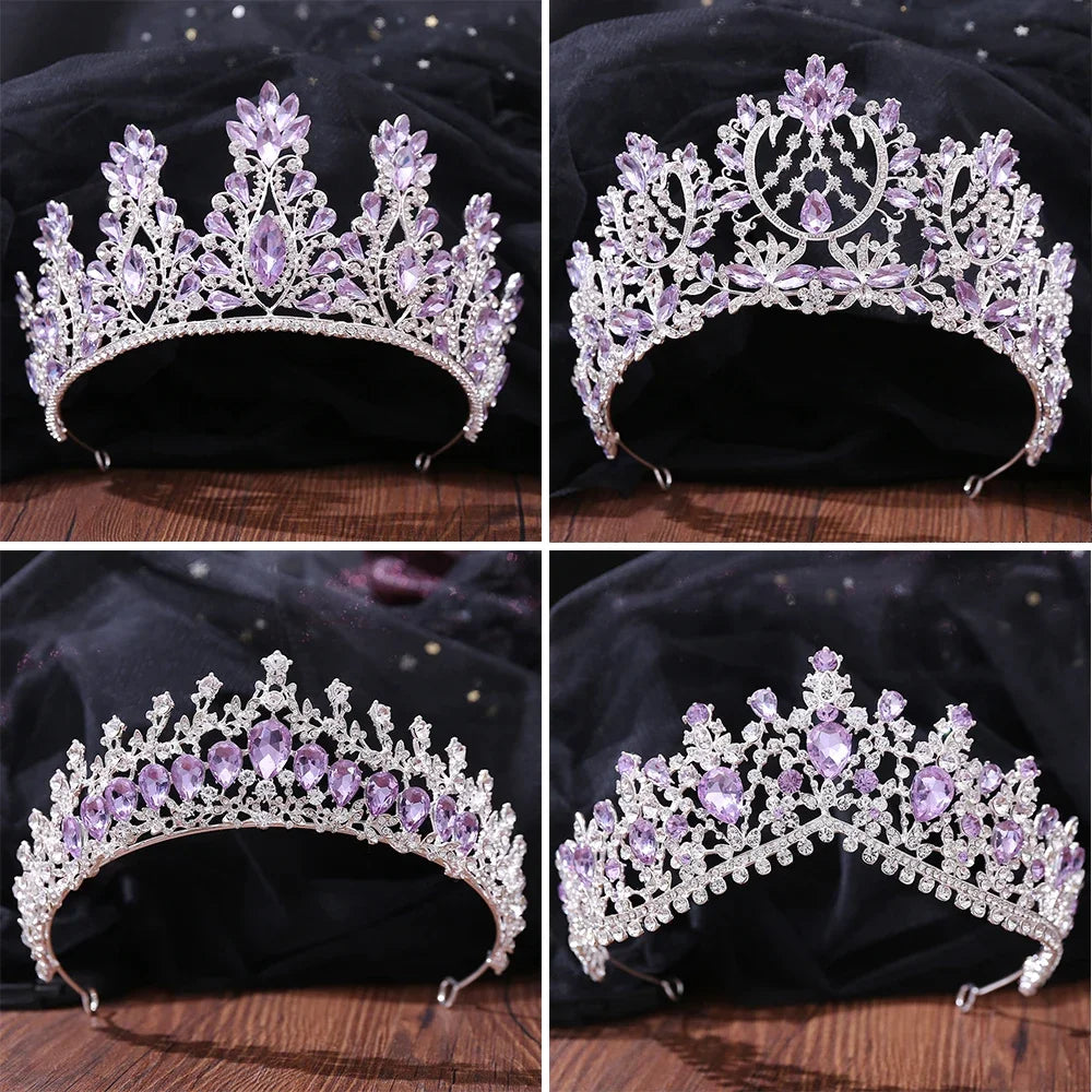 Purple Tiaras Crystal Quinceanera Party Crowns Hair Accessories, Elevate your look with our Silver Purple Crystal Crowns Bridal Tiar