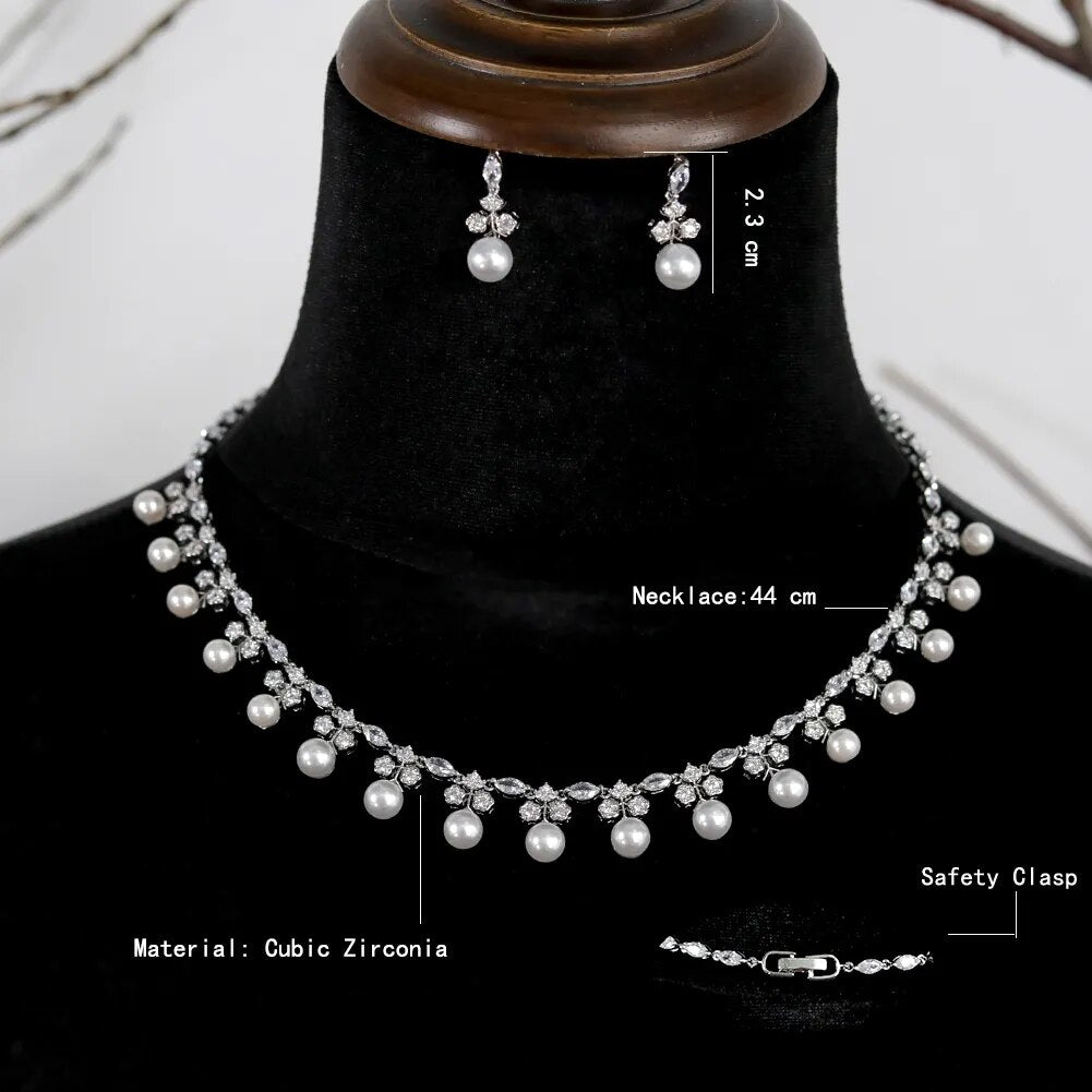 Gorgeous Cubic Zirconia Pearl Choker Necklace Earring Jewelry Set for Women