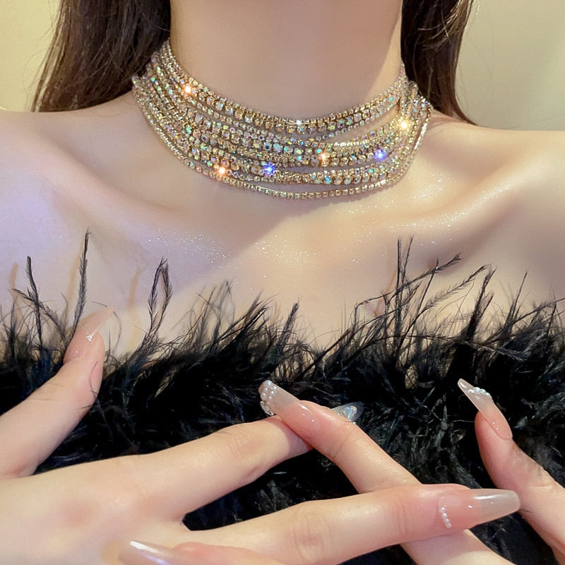 Rhinestone Crystal Choker Necklace for Women Multilayer Chain Jewelry