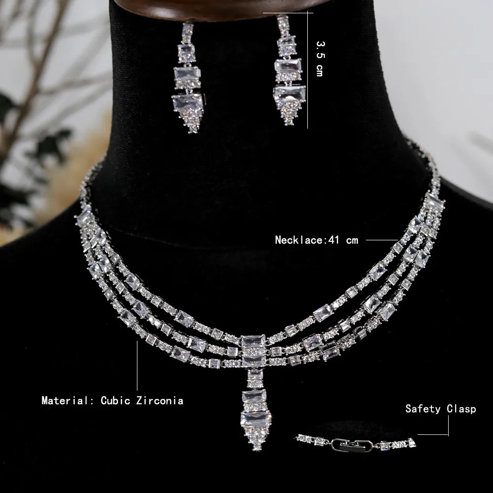 3 Layers White Color AAA Cubic Zirconia Necklace Jewelry Sets For Women