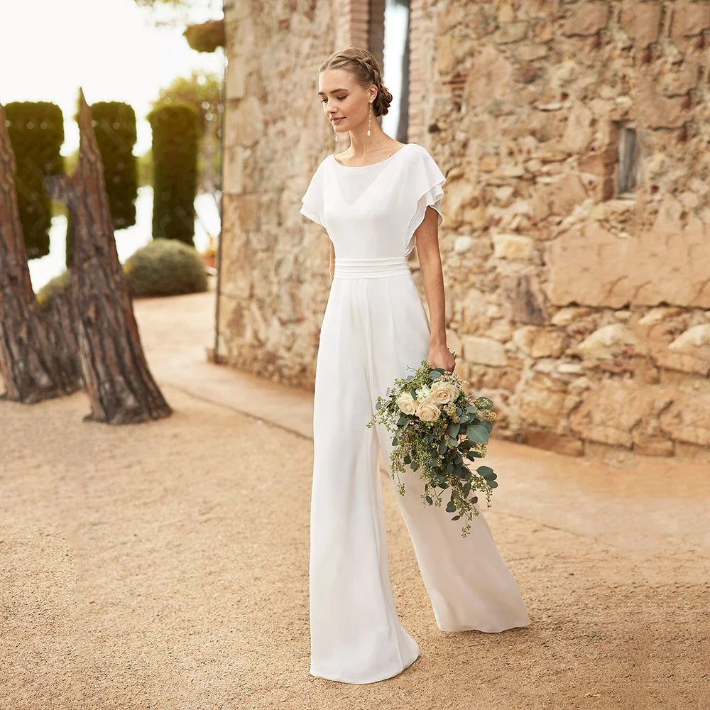 Modern Simple Wedding Dress Pants Jumpsuit Boho Beach Bridal Gowns