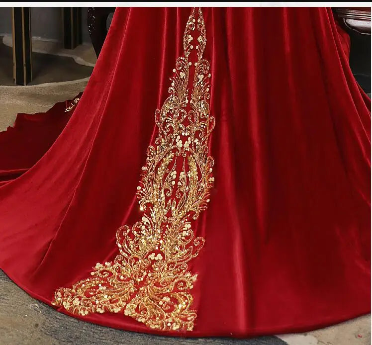 Gold Red Wedding Wrap Velvet Bridal Cape Floor Length Faux Fur Edge Hood