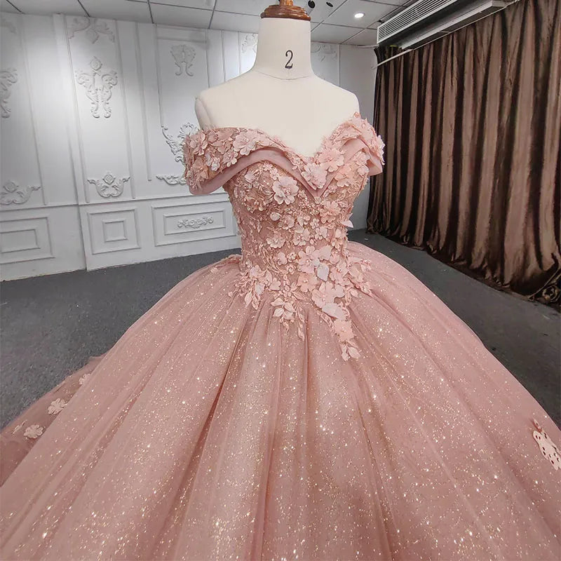 Quinceanera Pink Flower Ball Gown Dress