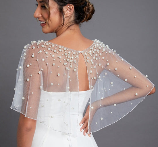 Elegant Wedding Bridal Pearl Beaded Openwork Jacket Bolero Transparent Cape