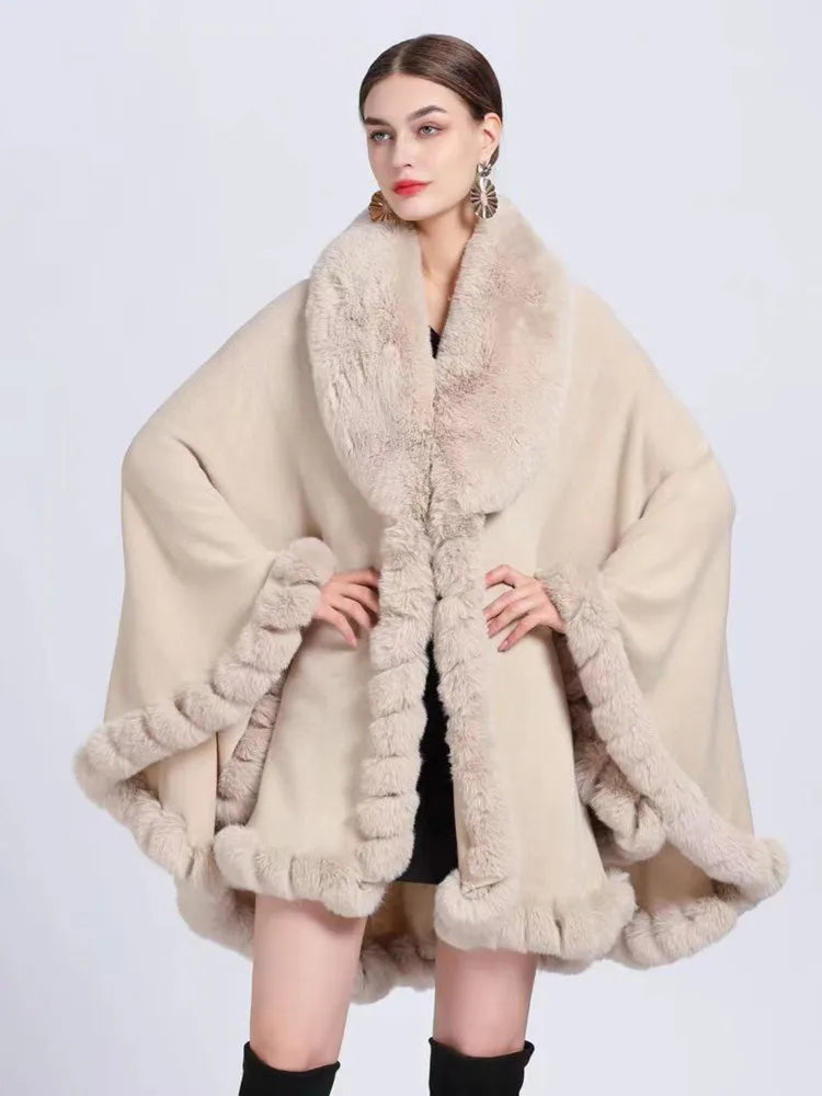 Elegant Imitation Rabbit Fur Cape Women Poncho Shawl Cloak