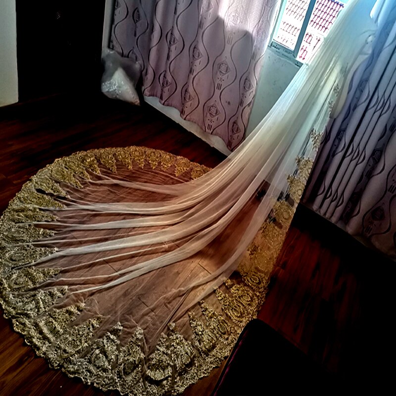 Charming 3M Gold/White Cathedral Veil Lace Trim Wedding Bridal Veil