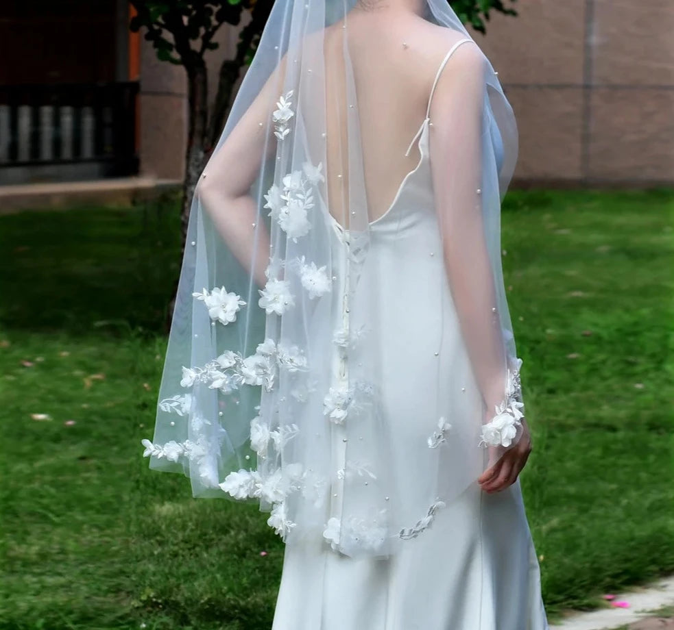 One Layer Bridal Veil 3d Flowers Cathedral Wedding Veil