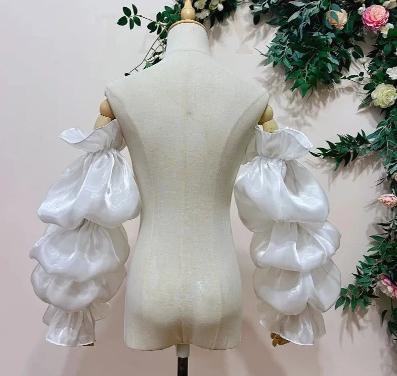 Detachable Up Down Shiny Satin Ruffled Long Puffy Sleeves For Wedding Dress