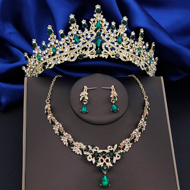 Outlet Luxury Crystal Bridal Jewelry Sets Women Fashion Tiaras Earrings Flower Necklace