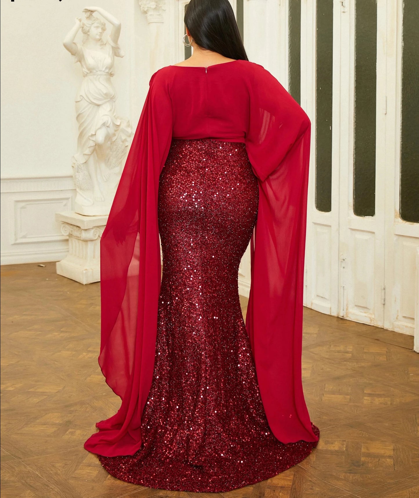 Red Wine Plus Size Evening Dress Elegant Long Sleeve V Neck Sequin Split Bodycon Maxi Party Dress