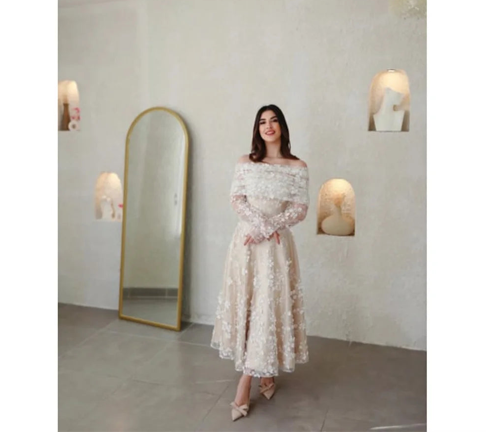 Tea Length Wedding Dress Tulle Lace A Line Bridal Dress