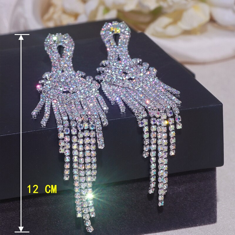 Fashion Long Tassel Rhinestone Crystal Earrings for Women Party Jewelry Accessory