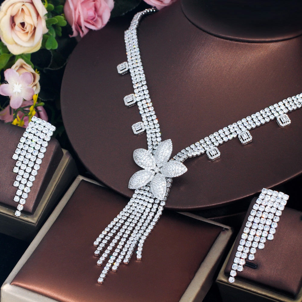 Super Luxury Shiny Cubic Zirconia Big Flower Dangle Tassel Party Necklace  Jewelry Set