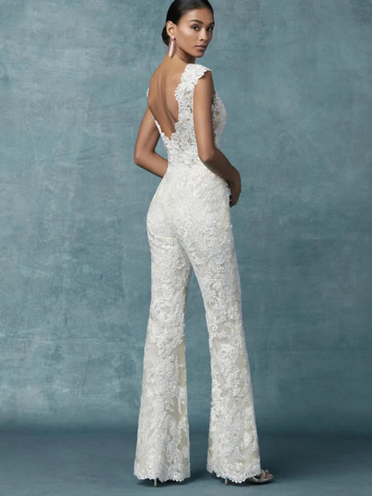 Wedding Jumpsuit With Detachable Train Bridal Pants Suit, Elevate your wedding day look with our Sleeveless Lace Boho Bridal Wedding
