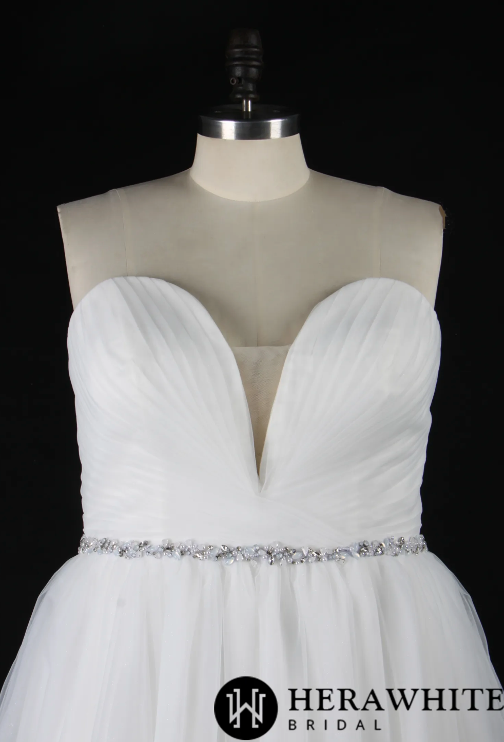 Deep V-Neck Pleated Bodice Tulle A-Line Wedding Dress