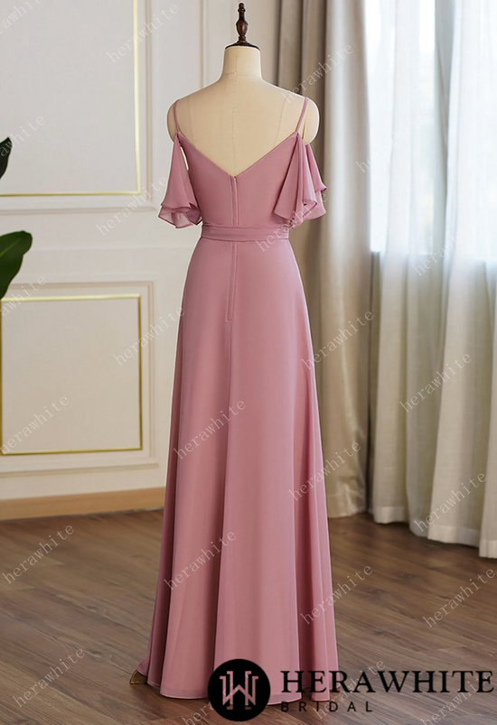 Off Shoulder Chiffon Long Bridesmaid Dress Pleated With Split
