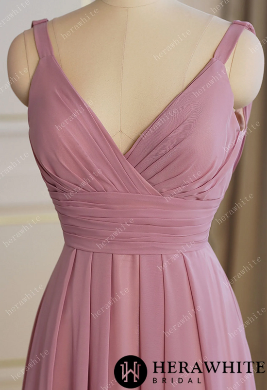 Dusty Pink Elegant Ruched Bodice Bridesmaid Dress