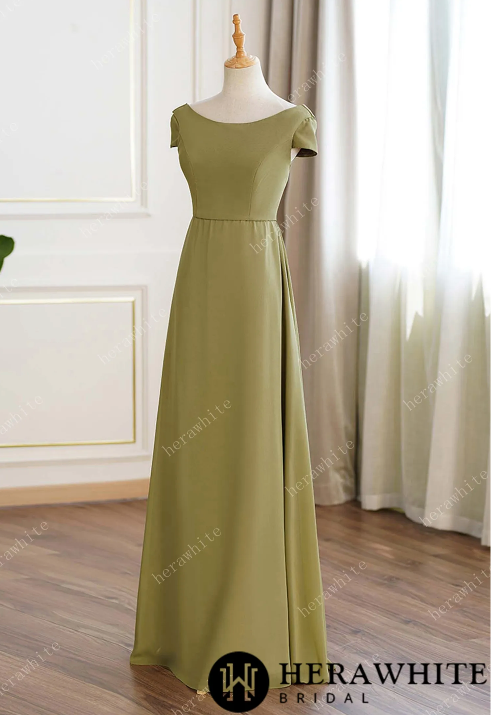 Lime Green Chiffon Cap Sleeves Long Bridesmaid Dress