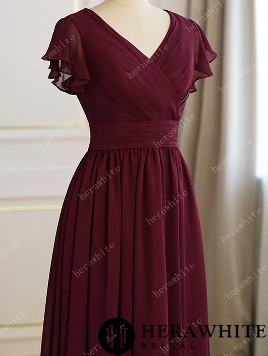 Bridesmaid Dresses for Long Modest V Neck Chiffon Dress with Short Sleeves