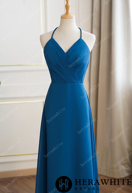 Rustic Blue Bridesmaid Dress Maxi Spring Summer Backless Halter Dress
