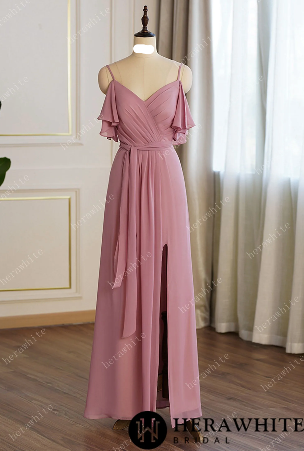Off Shoulder Chiffon Long Bridesmaid Dress Pleated With Split