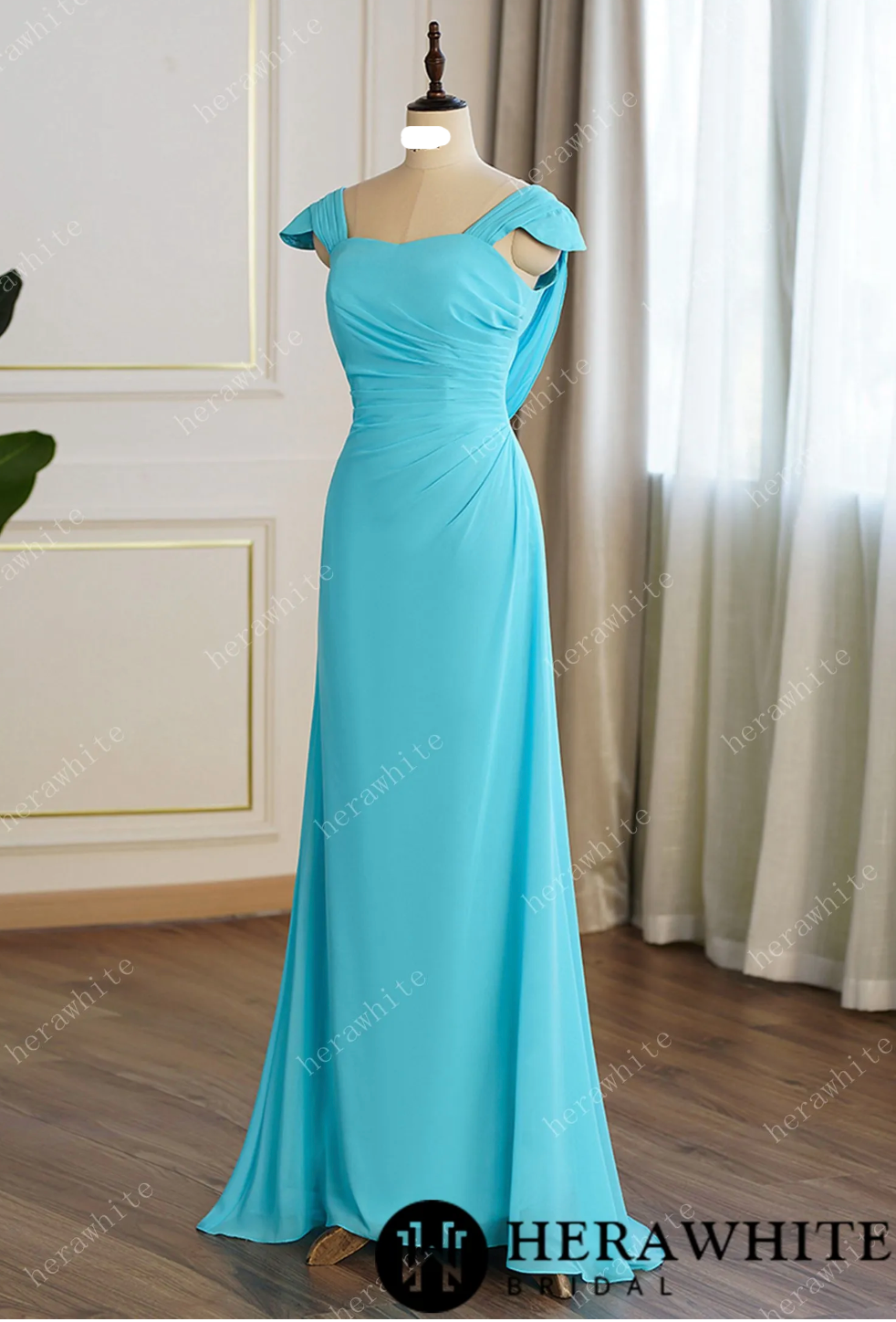 Pleated Cap Sleeves with Cowl Back Bridesmaid Dress