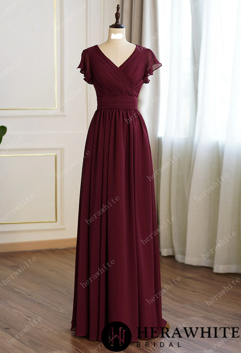 Bridesmaid Dresses for Long Modest V Neck Chiffon Dress with Short Sleeves 6 Custom Color