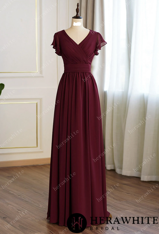 Bridesmaid Dresses for Long Modest V Neck Chiffon Dress with Short Sleeves