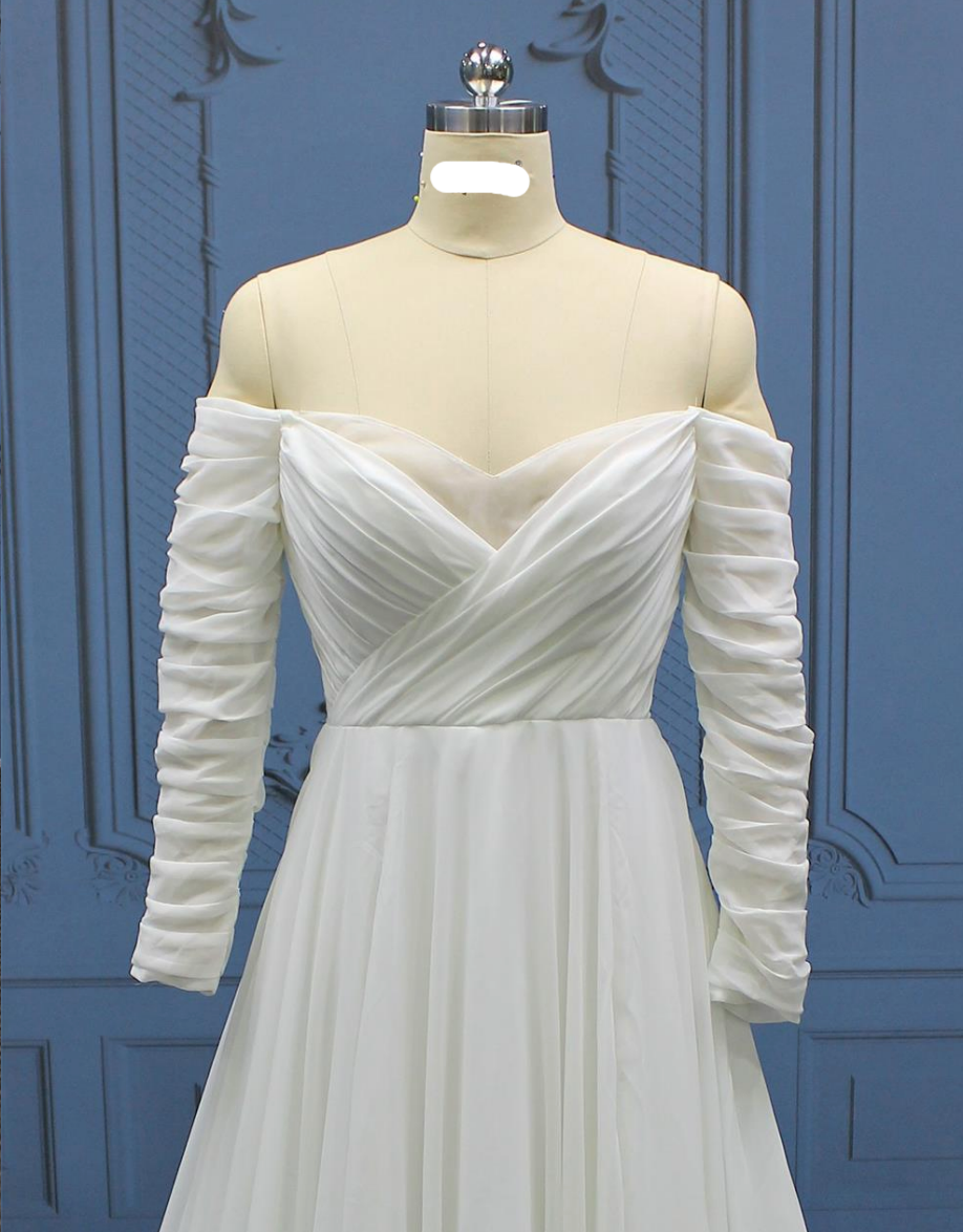 Pleats Off The Shoulder White Long Sleeve Chiffon Wedding Dress Pleats Off The Shoulder White Long Sleeve Chiffon Wedding Dress