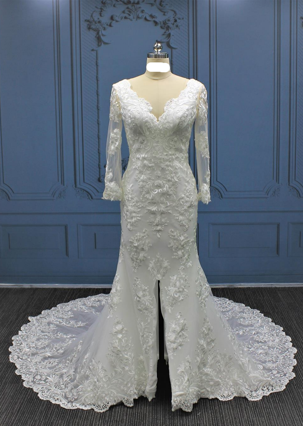 Trumpet Mermaid White V Neck Lace Wedding Dress With Slit Trumpet Mermaid White V Neck Lace Wedding Dress With Slit