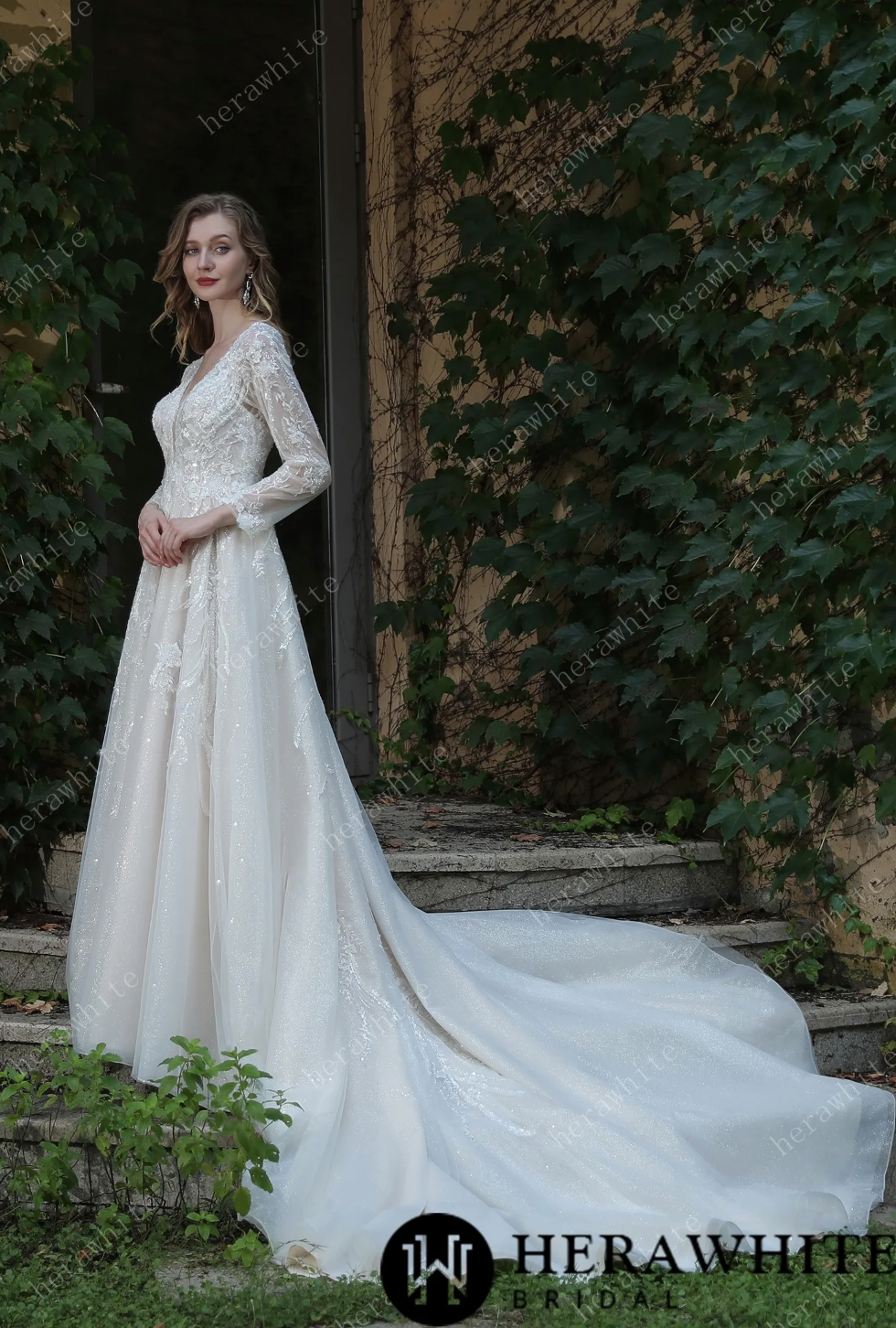 Wedding Dress Long Sleeve Lace A-Line with Plunging V-Neck